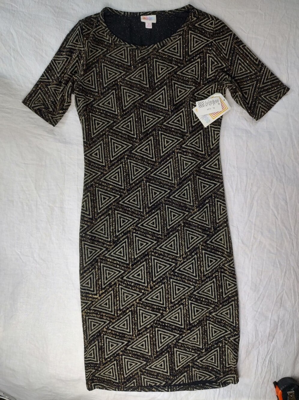 LuLaRoe Black and Gold Geometric Prom Dress